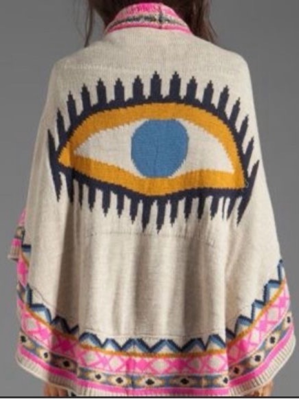 Mara Hoffman Cream Poncho with Eye Motif and Pink Trim